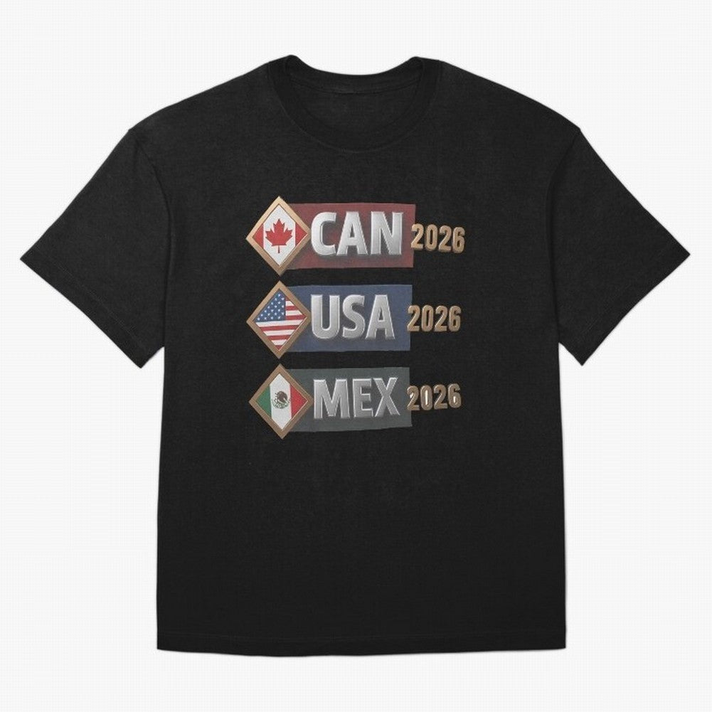 CAN USA MEx 2026 Flags, Canada USA Mexico Soccer Tournament Classic T-Shirt Build Global Football Passion for FIFA World Cup 2026 Group Stage, with Messi, Neymar and Mbappe, France and Portugal, Football History, Final Match Energy, Crowd Noise and
