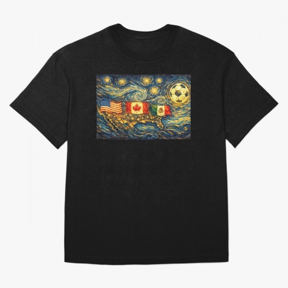 North America Soccer Starry Night Dreamy and Swirls Inspired from Van Gogh Classic T-Shirt Celebrate the FIFA World Cup 2026 Group Stage Journey through Cristiano Ronaldo Highlights, Argentina, France and Brazil Pride, Football Festival Excitement,