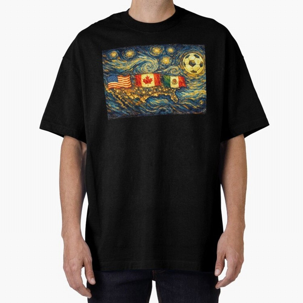 North America Soccer Starry Night Dreamy and Swirls Inspired from Van Gogh Classic T-Shirt Celebrate the FIFA World Cup 2026 Group Stage Journey through Cristiano Ronaldo Highlights, Argentina, France and Brazil Pride, Football Festival Excitement,