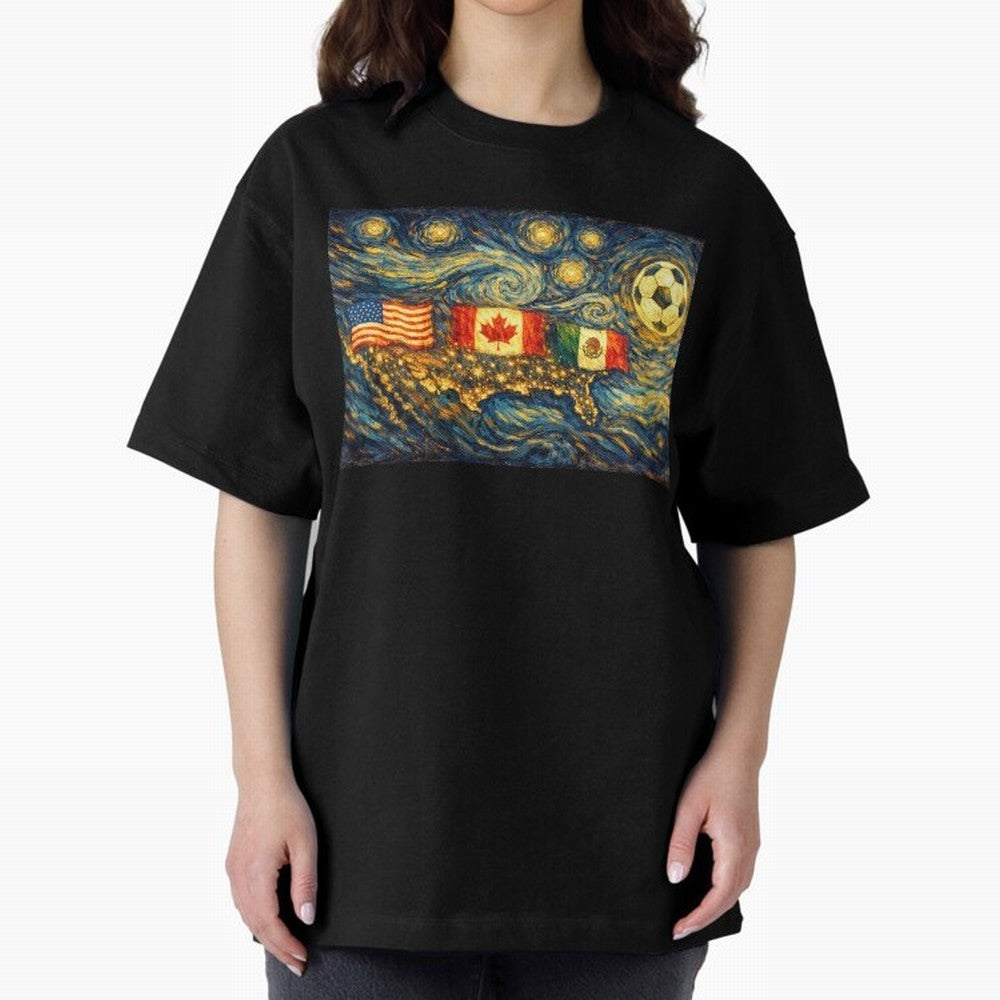 North America Soccer Starry Night Dreamy and Swirls Inspired from Van Gogh Classic T-Shirt Celebrate the FIFA World Cup 2026 Group Stage Journey through Cristiano Ronaldo Highlights, Argentina, France and Brazil Pride, Football Festival Excitement,