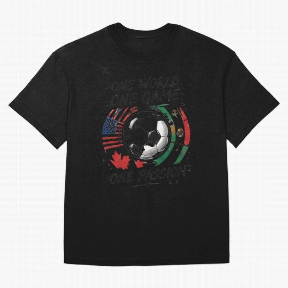 One World One Game Football Graphic Tee Classic T-Shirt Bring Global Tournament Vibes to Global Football Passion for FIFA World Cup 2026 Group Stage, Centered on Haaland and Mbappe, Argentina and Brazil, Sports Nostalgia, International Competition,