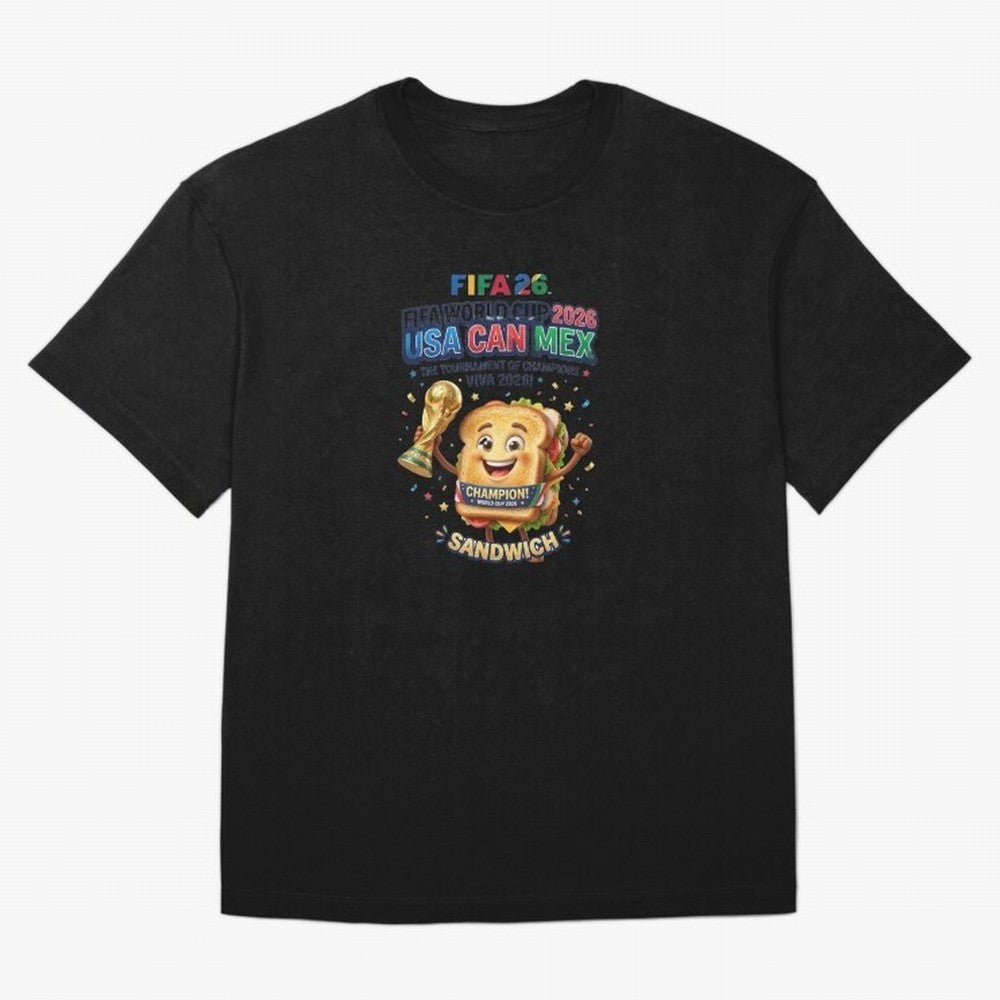 Cartoon Sandwich Champion Holding 2026 World Cup Trophy Classic T-Shirt Show Your Tournament Heart for FIFA World Cup 2026 USA Canada Mexico for Fans of Messi and Cristiano Ronaldo and Brazil, Portugal and Argentina, Bringing Football History,