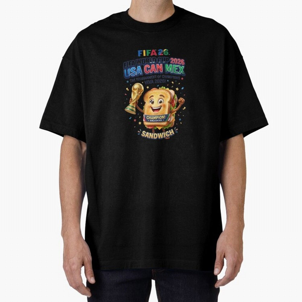 Cartoon Sandwich Champion Holding 2026 World Cup Trophy Classic T-Shirt Show Your Tournament Heart for FIFA World Cup 2026 USA Canada Mexico for Fans of Messi and Cristiano Ronaldo and Brazil, Portugal and Argentina, Bringing Football History,