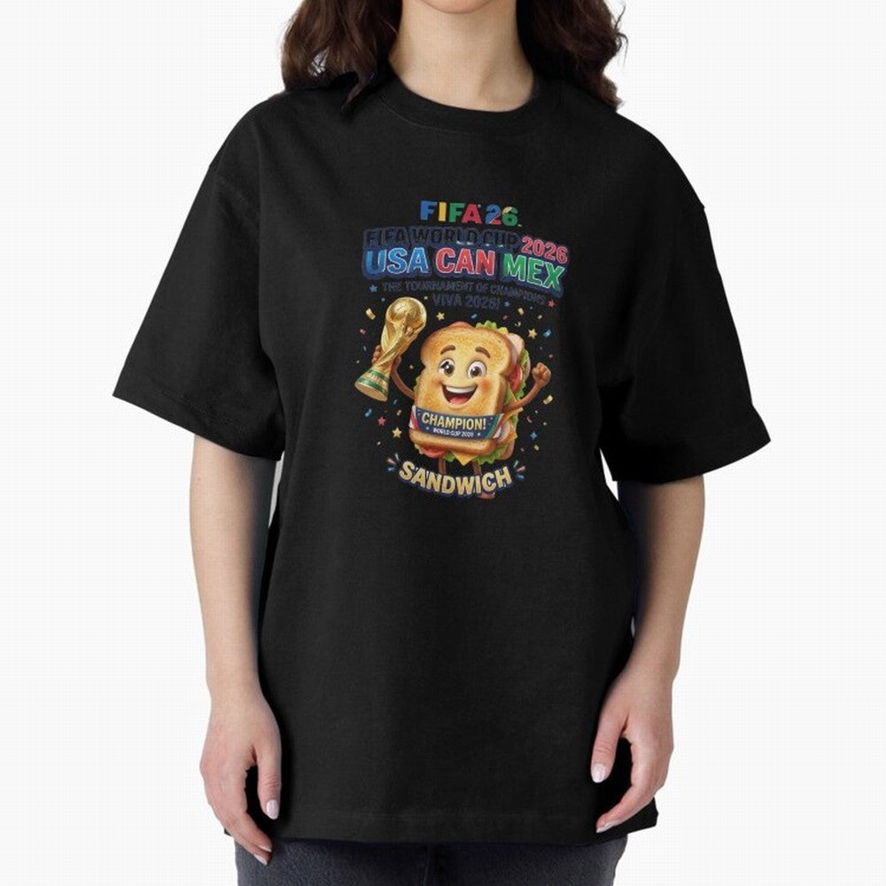 Cartoon Sandwich Champion Holding 2026 World Cup Trophy Classic T-Shirt Show Your Tournament Heart for FIFA World Cup 2026 USA Canada Mexico for Fans of Messi and Cristiano Ronaldo and Brazil, Portugal and Argentina, Bringing Football History,