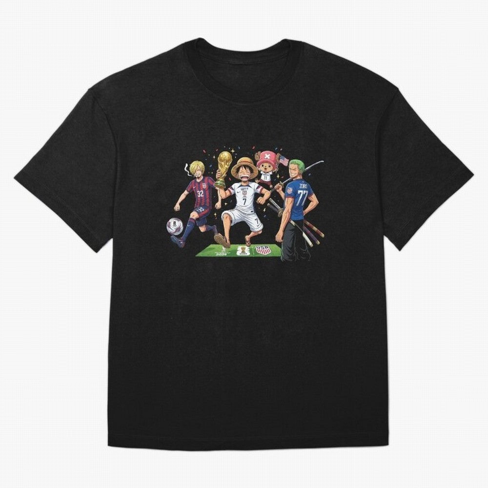 One Piece Characters Celebrating World Cup 2026 USA Classic T-Shirt Celebrate Soccer Greatness during the FIFA World Cup 2026 USA Canada Mexico Journey through Mbappe and Neymar Highlights, Brazil, Portugal and Argentina Pride, Champion Mindset,