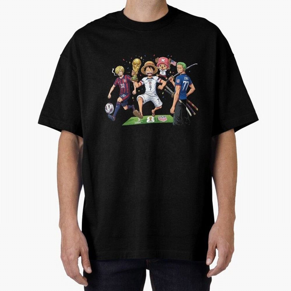 One Piece Characters Celebrating World Cup 2026 USA Classic T-Shirt Celebrate Soccer Greatness during the FIFA World Cup 2026 USA Canada Mexico Journey through Mbappe and Neymar Highlights, Brazil, Portugal and Argentina Pride, Champion Mindset,