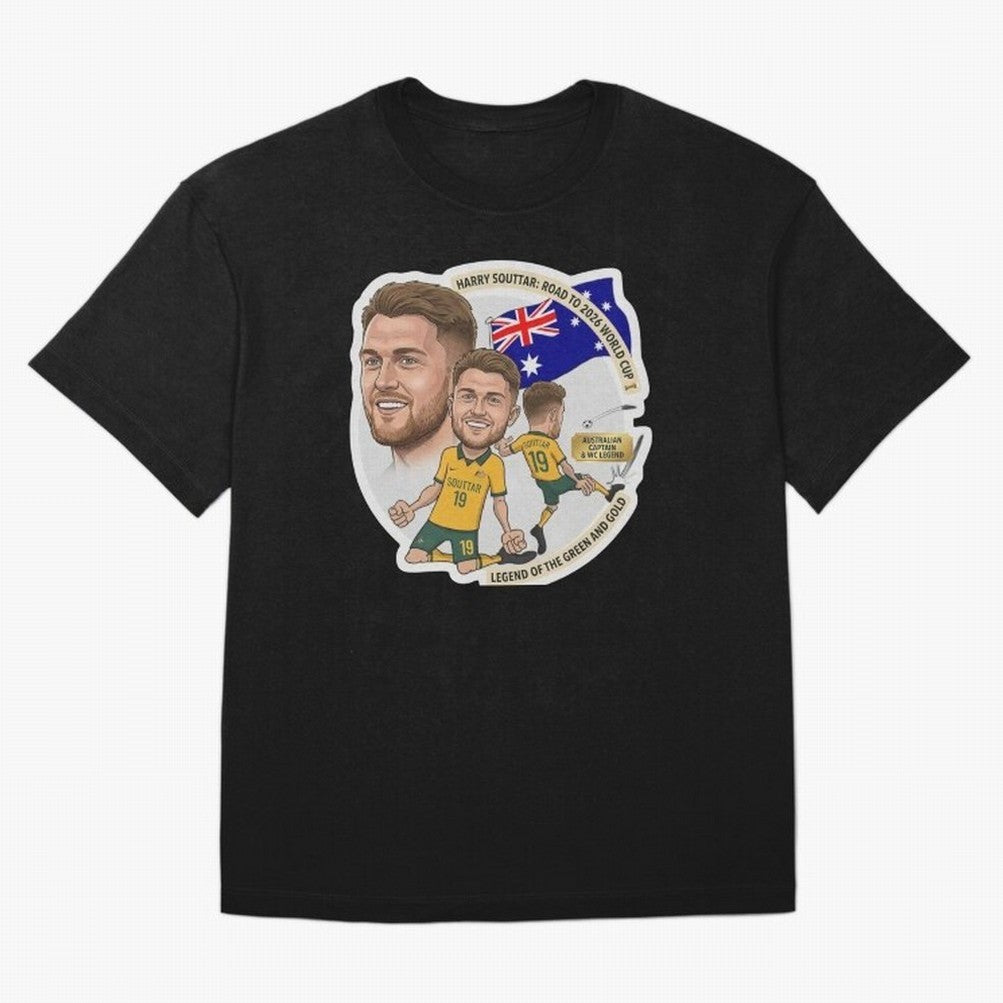 Harry Souttar Australia Football Legend Cartoon Illustration Classic T-Shirt Celebrate Fan Culture around the FIFA World Cup 2026 Group Stage Journey through Mbappe Highlights, England Pride, Football Festival Excitement, Trophy Ambitions, Country
