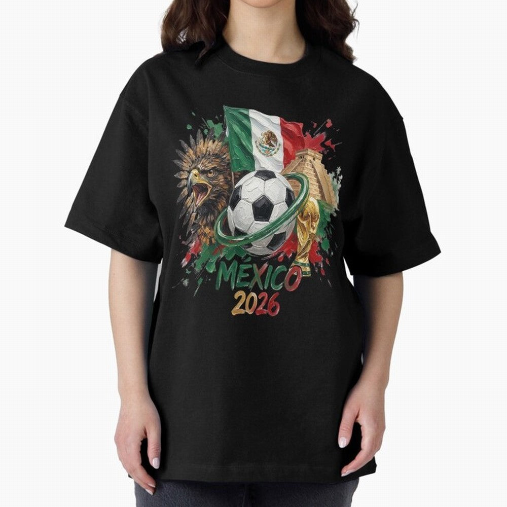 Mexico World Cup 2026 Oversized T-Shirt Represent the Passion of FIFA World Cup 2026 USA Canada Mexico for Fans of Mbappe and Neymar and Argentina, France and Brazil, Bringing Vintage Soccer Flavor, Modern Football Stars, National Flags and Final