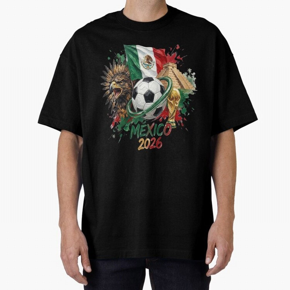Mexico World Cup 2026 Oversized T-Shirt Represent the Passion of FIFA World Cup 2026 USA Canada Mexico for Fans of Mbappe and Neymar and Argentina, France and Brazil, Bringing Vintage Soccer Flavor, Modern Football Stars, National Flags and Final