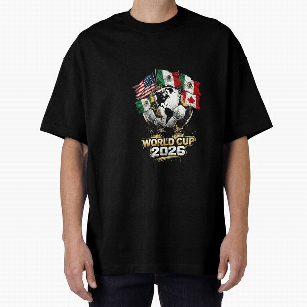 Fifa 2026 World Cup Flags Football Graphic Tee Oversized T-Shirt Elevate FIFA World Cup 2026 USA Canada Mexico Spirit, Highlighting Brazil, Portugal and Argentina, Cristiano Ronaldo, Supporter Pride, Iconic Celebrations, Legendary Names and Global