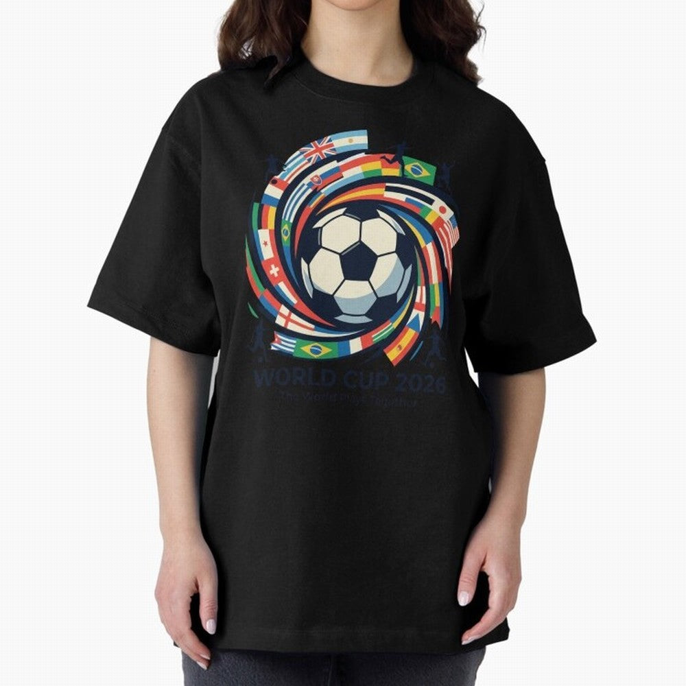 2D World Cup 2026 Football Spiral Flag Design T-Shirt Oversized T-Shirt Show Your Love for Global Football Passion for FIFA World Cup 2026, Driven by CR7 and Messi, England, Football Festival Excitement, Trophy Ambitions, Country Rivalries and Star