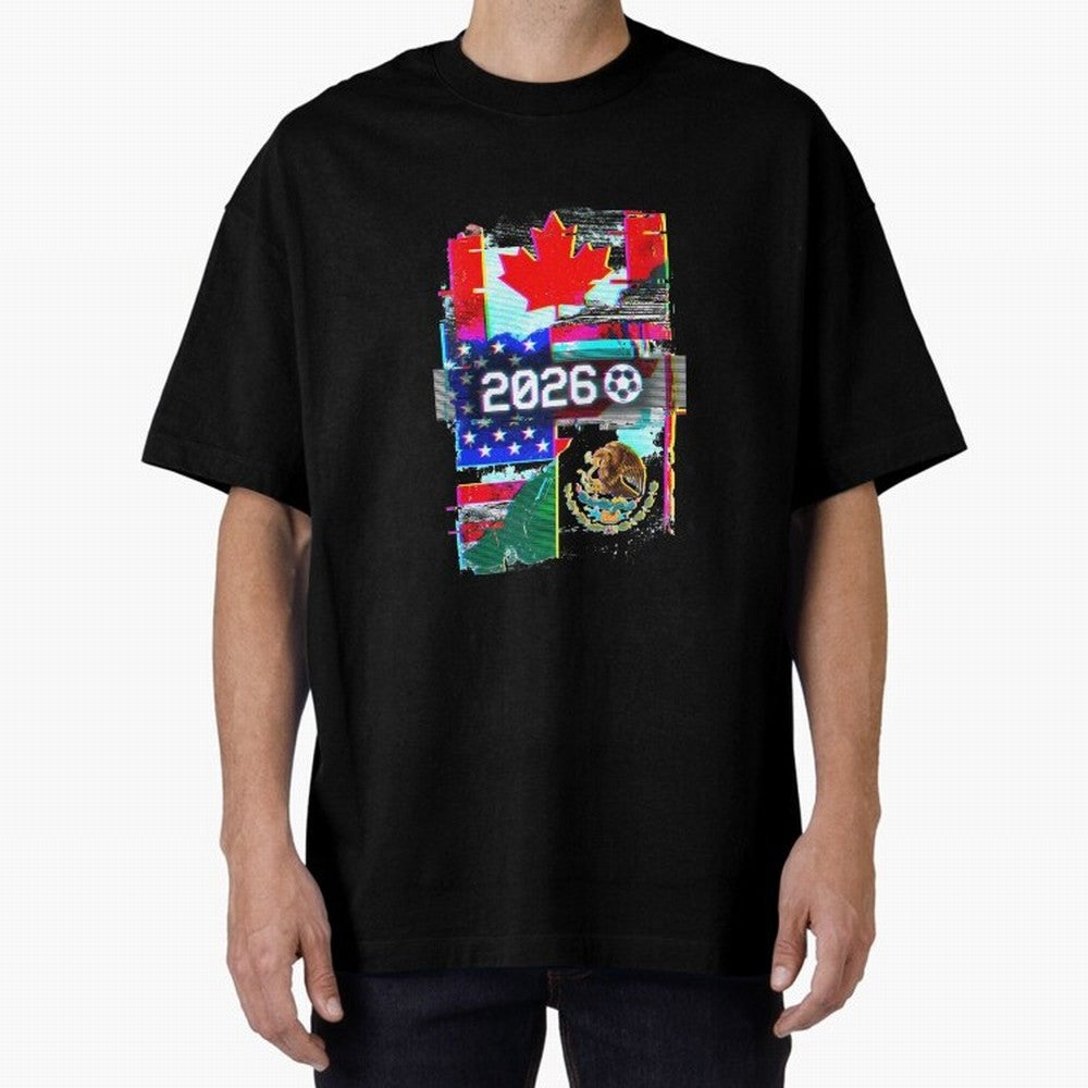 Glitched United 2026 - North America Tournament Emblem Oversized T-Shirt Support Match Day Hype around FIFA World Cup 2026 USA Canada Mexico, Cristiano Ronaldo, Haaland and CR7, Netherlands, Vintage Soccer Flavor, Modern Football Stars, National