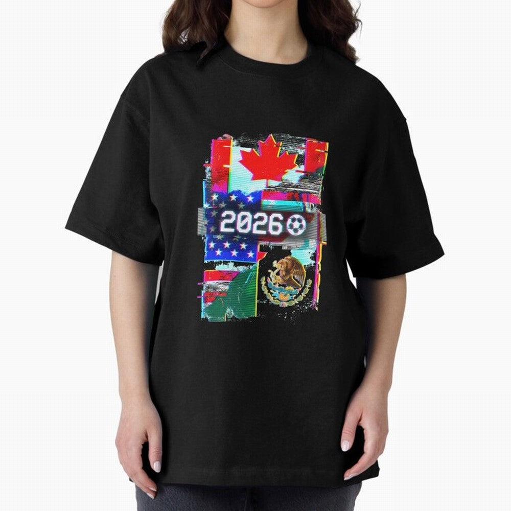Glitched United 2026 - North America Tournament Emblem Oversized T-Shirt Support Match Day Hype around FIFA World Cup 2026 USA Canada Mexico, Cristiano Ronaldo, Haaland and CR7, Netherlands, Vintage Soccer Flavor, Modern Football Stars, National