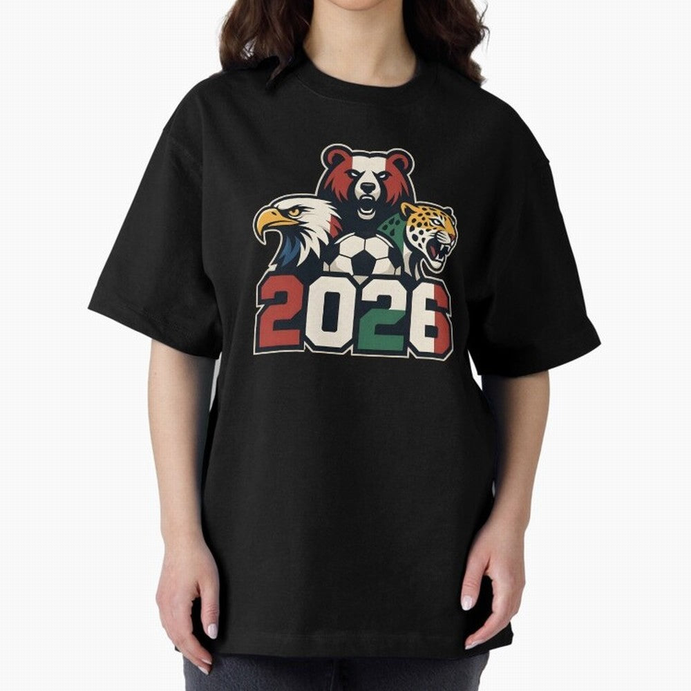 World Cup 2026 USA Canada Mexico Host Mascots Oversized T-Shirt Fuel Your Fan Pride for FIFA World Cup 2026 USA Canada Mexico Spirit, Highlighting Portugal, Spain and Germany, Messi, Neymar and Mbappe, Global Supporter Spirit, Legendary Goals,