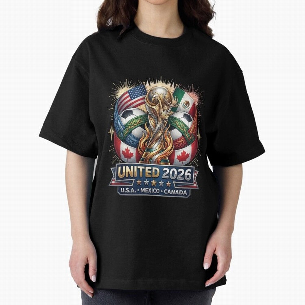 United 2026 Soccer Nations Trophy - USA Mexico Canada Mascot Art Oversized T-Shirt Cheer through Every Moment of the FIFA World Cup 2026 Journey through Cristiano Ronaldo Highlights, England, France and Netherlands Pride, Worldwide Fan Energy,