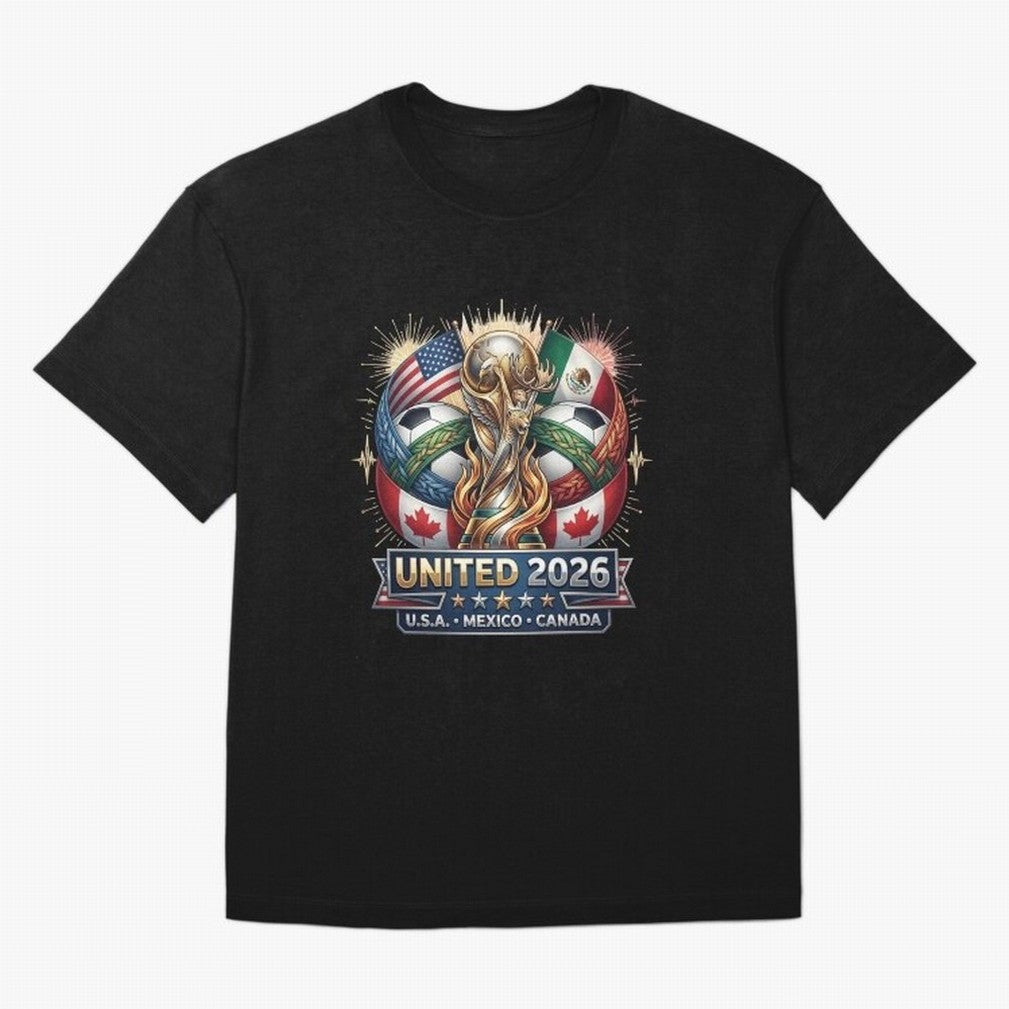 United 2026 Soccer Nations Trophy - USA Mexico Canada Mascot Art Oversized T-Shirt Cheer through Every Moment of the FIFA World Cup 2026 Journey through Cristiano Ronaldo Highlights, England, France and Netherlands Pride, Worldwide Fan Energy,
