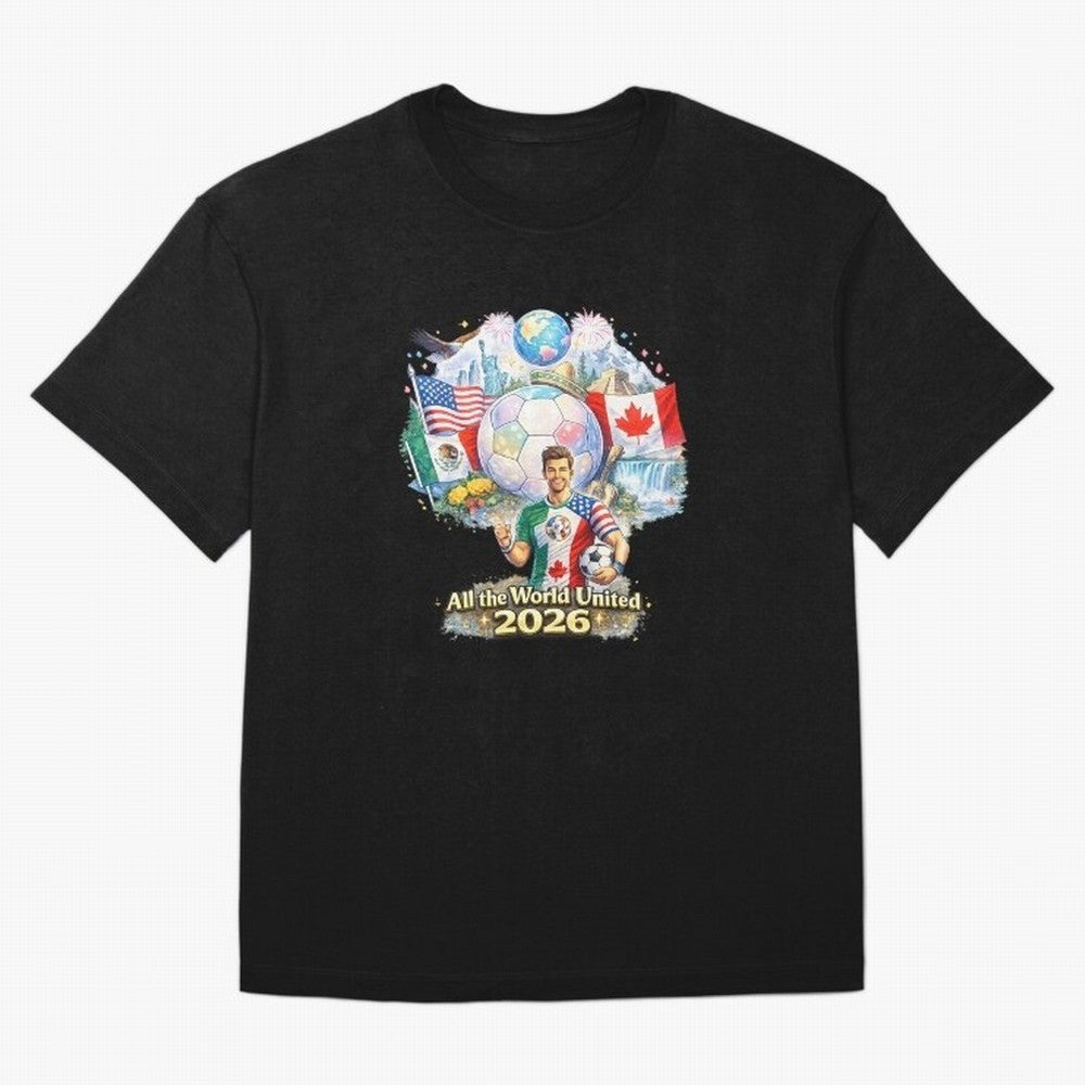 All The World United 2026 Football Design Oversized T-Shirt Show Match Day Excitement for the FIFA World Cup 2026 Journey through Haaland and Mbappe Highlights, Spain and Netherlands Pride, Stadium Memories, Football Loyalty, International Chants