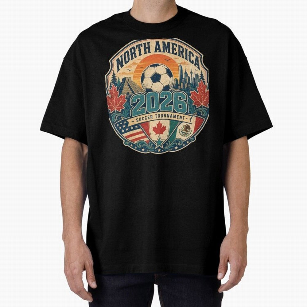 USA Canada Mexico Soccer Cup Oversized T-Shirt Celebrate Rivalries and Pride in Global Football Passion for FIFA World Cup 2026, Filled with Messi, CR7 and Mbappe, England, France and Netherlands, Tournament Hype, Historic Matchups, Family Viewing