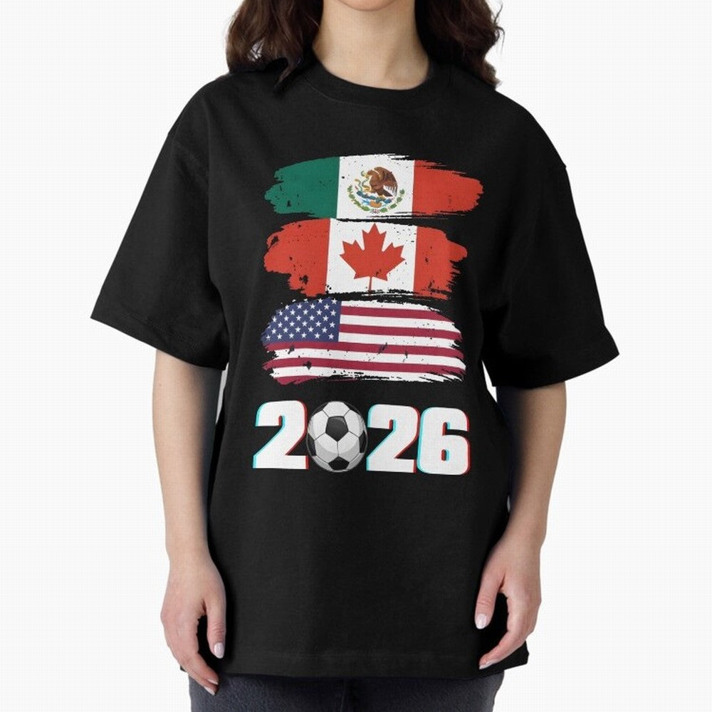 USA Canada Mexico Flag 2026 Cup Brush Art Oversized T-Shirt Bring Global Football Passion for FIFA World Cup 2026 Group Stage, Capturing Messi and Cristiano Ronaldo, Portugal, Spain and Germany, Supporter Pride, Iconic Celebrations, Legendary Names