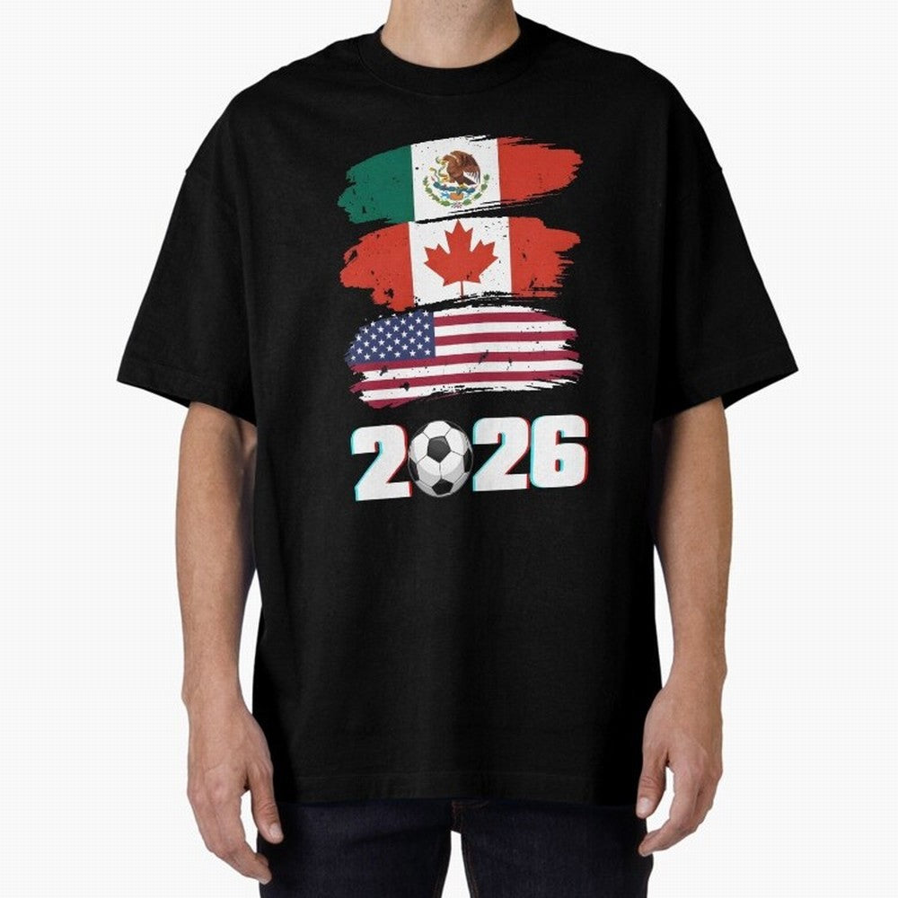 USA Canada Mexico Flag 2026 Cup Brush Art Oversized T-Shirt Bring Global Football Passion for FIFA World Cup 2026 Group Stage, Capturing Messi and Cristiano Ronaldo, Portugal, Spain and Germany, Supporter Pride, Iconic Celebrations, Legendary Names