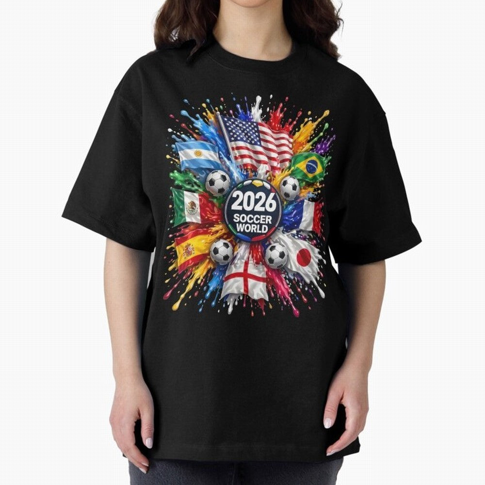 2026 Soccer World Flags USA Mexico Canada Football Paint Splash Graphic Oversized T-Shirt Show Up for the Glory of FIFA World Cup 2026 Group Stage for Fans of Mbappe and Netherlands, Bringing Football History, Final Match Energy, Crowd Noise and
