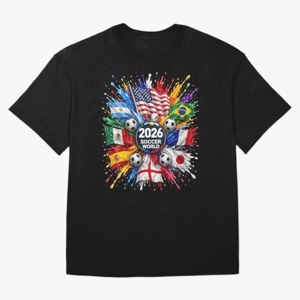 2026 Soccer World Flags USA Mexico Canada Football Paint Splash Graphic Oversized T-Shirt Show Up for the Glory of FIFA World Cup 2026 Group Stage for Fans of Mbappe and Netherlands, Bringing Football History, Final Match Energy, Crowd Noise and