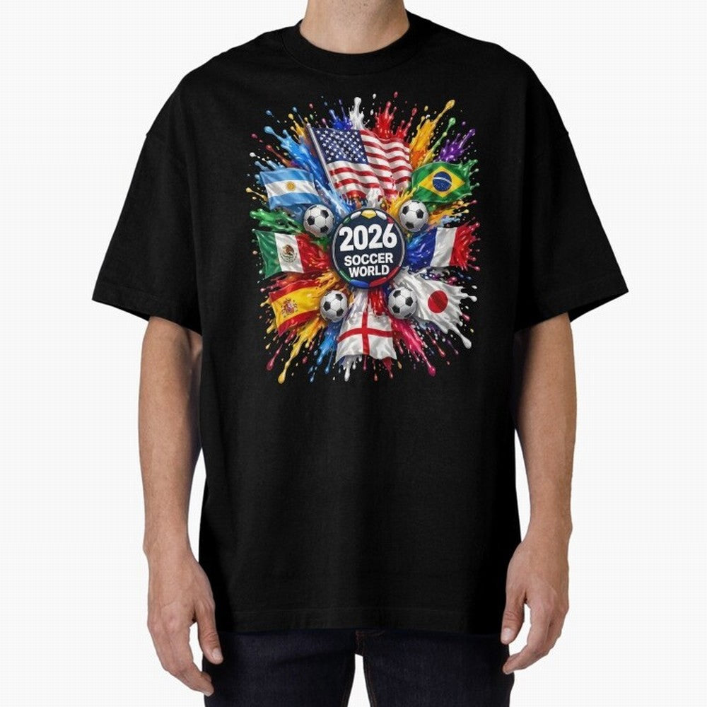 2026 Soccer World Flags USA Mexico Canada Football Paint Splash Graphic Oversized T-Shirt Show Up for the Glory of FIFA World Cup 2026 Group Stage for Fans of Mbappe and Netherlands, Bringing Football History, Final Match Energy, Crowd Noise and