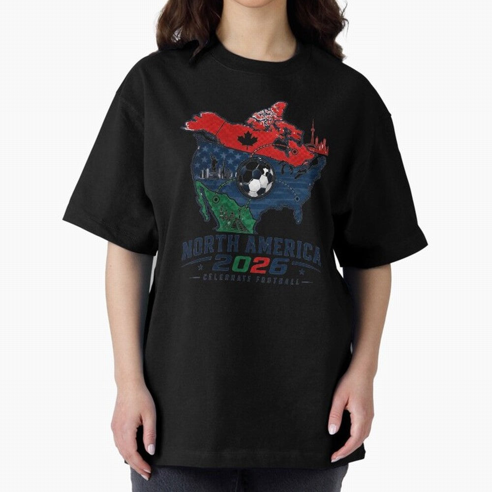 United by Football 2026 North America Soccer Design Oversized T-Shirt Relive Legendary Nights from FIFA World Cup 2026 USA Canada Mexico Highlighting Messi and Cristiano Ronaldo, Argentina Energy, Vintage Soccer Flavor, Modern Football Stars,