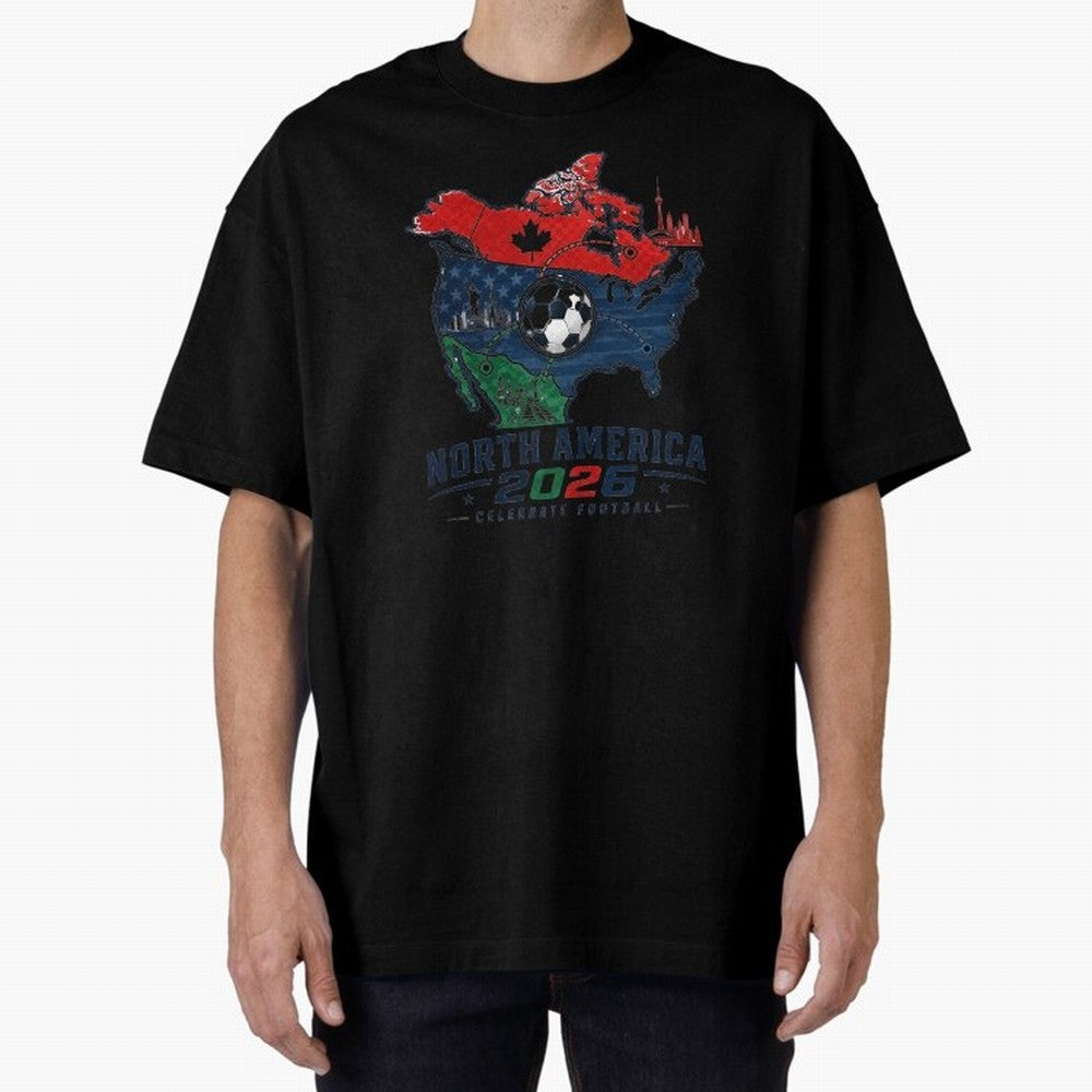 United by Football 2026 North America Soccer Design Oversized T-Shirt Relive Legendary Nights from FIFA World Cup 2026 USA Canada Mexico Highlighting Messi and Cristiano Ronaldo, Argentina Energy, Vintage Soccer Flavor, Modern Football Stars,