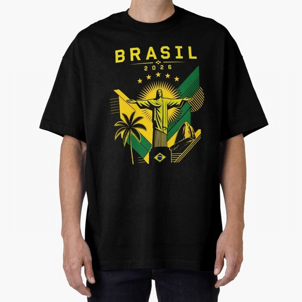 Brasil 2026 Christ the Redeemer Rio Oversized T-Shirt Bring Trophy Dreams to the FIFA World Cup 2026 USA Canada Mexico Journey through Haaland and Mbappe Highlights, Spain Pride, Football Festival Excitement, Trophy Ambitions, Country Rivalries and