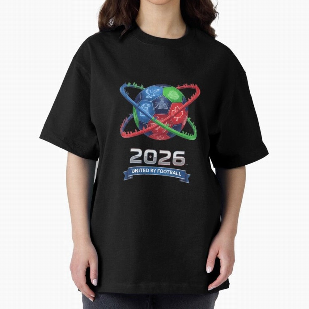 United By Football 2026 Global Connectivity Oversized T-Shirt Elevate FIFA World Cup 2026 Group Stage Capturing Messi, CR7 and Mbappe, Brazil Energy, Stadium Chants, National Pride, Trophy Dreams and Unforgettable Football Memories; Built for