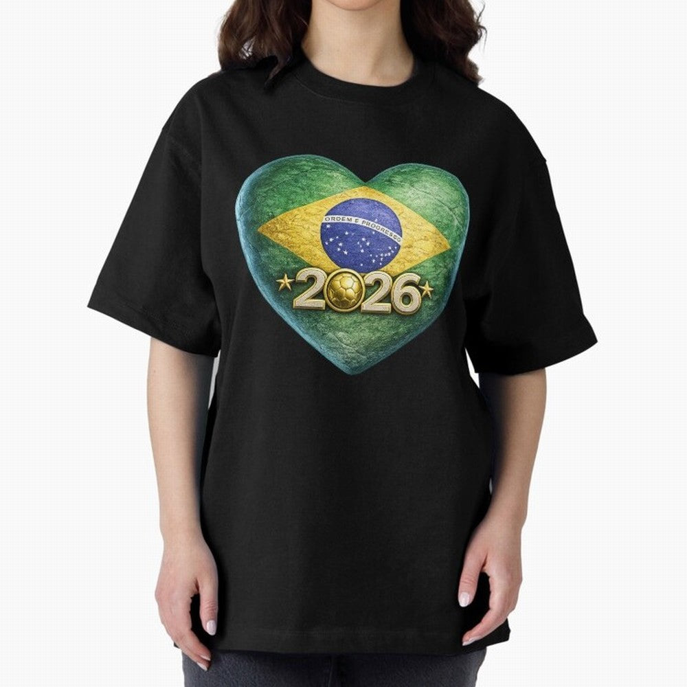 Brazil 2026 World Football Heart Flag Designs Oversized T-Shirt Cheer through Every Moment of Global Football Passion for FIFA World Cup 2026 USA Canada Mexico, Capturing Neymar, Haaland and Cristiano Ronaldo, Spain and Netherlands, Sports