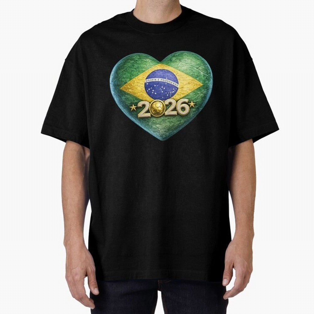 Brazil 2026 World Football Heart Flag Designs Oversized T-Shirt Cheer through Every Moment of Global Football Passion for FIFA World Cup 2026 USA Canada Mexico, Capturing Neymar, Haaland and Cristiano Ronaldo, Spain and Netherlands, Sports