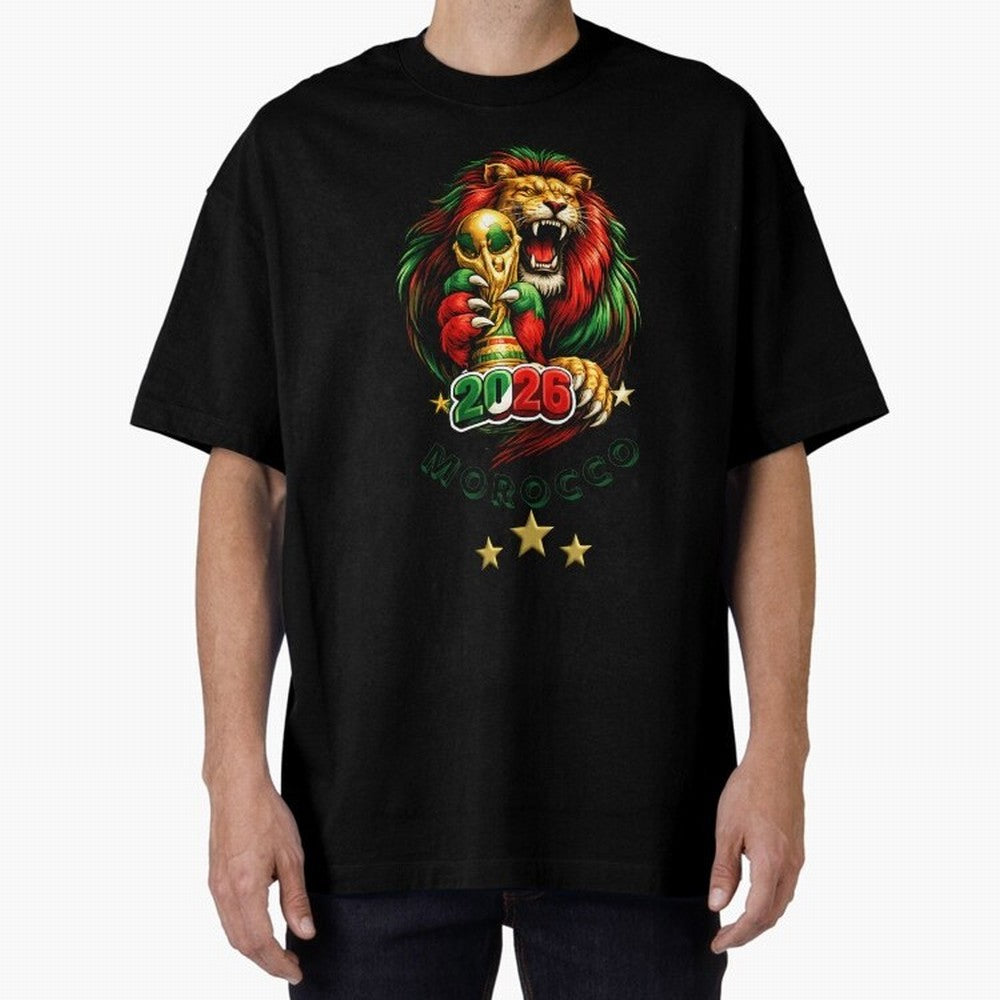 Moroccan Lion World Cup 2026 Design Oversized T-Shirt Bring Bold Fan Energy to the FIFA World Cup 2026 Journey through Messi, CR7 and Mbappe Highlights, France Pride, Football History, Final Match Energy, Crowd Noise and Once in a Lifetime Moments;