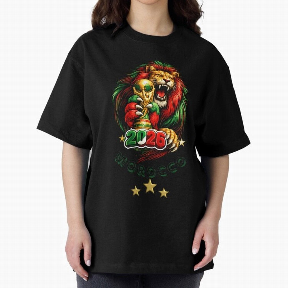 Moroccan Lion World Cup 2026 Design Oversized T-Shirt Bring Bold Fan Energy to the FIFA World Cup 2026 Journey through Messi, CR7 and Mbappe Highlights, France Pride, Football History, Final Match Energy, Crowd Noise and Once in a Lifetime Moments;