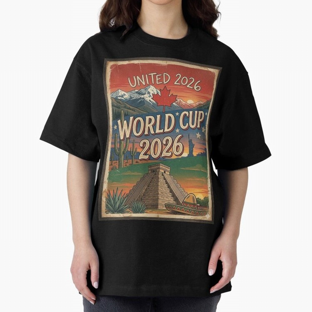United 2026 World Cup ¨C Vintage North America Soccer Poster Oversized T-Shirt Cheer through Every Moment of Global Football Passion for FIFA World Cup 2026 Group Stage, Inspired by Haaland, Brazil, Portugal and Argentina, Match Day Excitement,