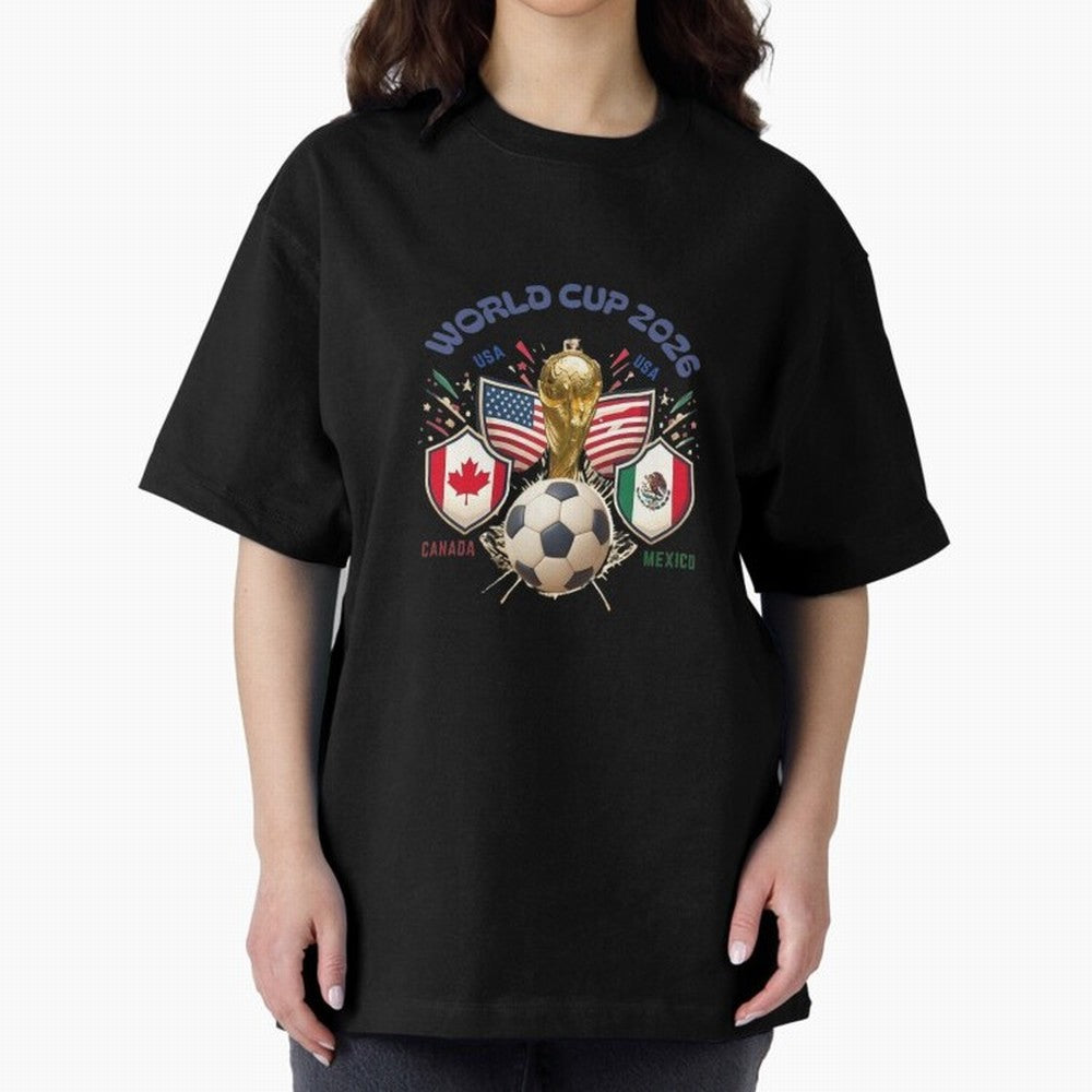 World Cup 2026 Host Nations Crest Oversized T-Shirt Celebrate the Stars of FIFA World Cup 2026 Spirit, Connected to Brazil, Mbappe and Neymar, Football Festival Excitement, Trophy Ambitions, Country Rivalries and Star Player Buzz; Created for Match