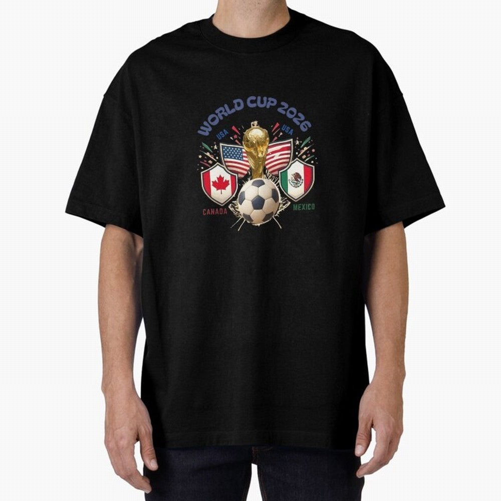 World Cup 2026 Host Nations Crest Oversized T-Shirt Celebrate the Stars of FIFA World Cup 2026 Spirit, Connected to Brazil, Mbappe and Neymar, Football Festival Excitement, Trophy Ambitions, Country Rivalries and Star Player Buzz; Created for Match