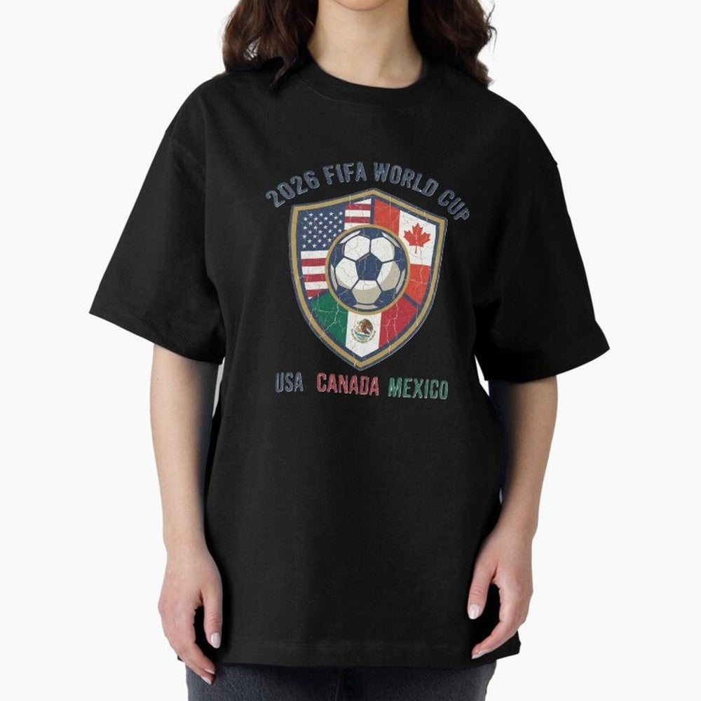 North America United Soccer 2026 Vintage Crest Oversized T-Shirt Represent FIFA World Cup 2026 USA Canada Mexico Featuring Messi, Portugal Energy, Retro Football Energy, Iconic Rivalries, Trophy Chase Drama and Stadium Atmosphere; Perfect for Fans,
