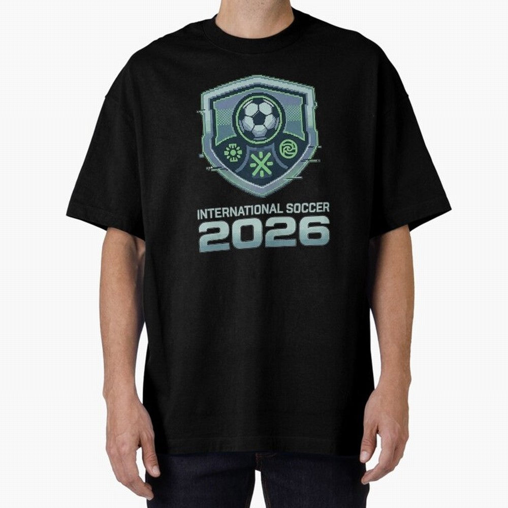 International Soccer 2026 Retro Pixel Glitch Crest Oversized T-Shirt Celebrate Soccer Greatness during FIFA World Cup 2026 Featuring Neymar, Brazil, Portugal and Argentina Energy, Global Supporter Spirit, Legendary Goals, National Colors and
