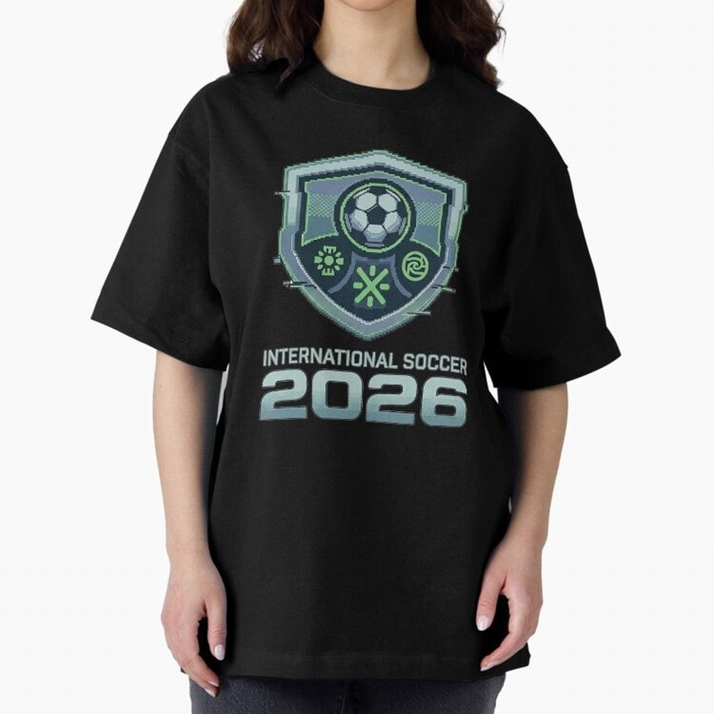 International Soccer 2026 Retro Pixel Glitch Crest Oversized T-Shirt Celebrate Soccer Greatness during FIFA World Cup 2026 Featuring Neymar, Brazil, Portugal and Argentina Energy, Global Supporter Spirit, Legendary Goals, National Colors and