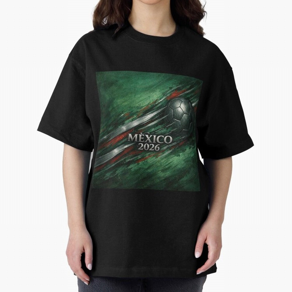 Mexico 2026 Football with Metallic Silver Line Oversized T-Shirt Represent FIFA World Cup 2026 USA Canada Mexico for Fans of Haaland and England and Germany, Bringing Football History, Final Match Energy, Crowd Noise and Once in a Lifetime Moments;