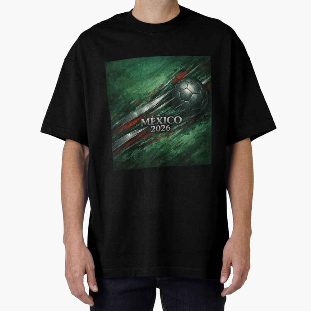 Mexico 2026 Football with Metallic Silver Line Oversized T-Shirt Represent FIFA World Cup 2026 USA Canada Mexico for Fans of Haaland and England and Germany, Bringing Football History, Final Match Energy, Crowd Noise and Once in a Lifetime Moments;