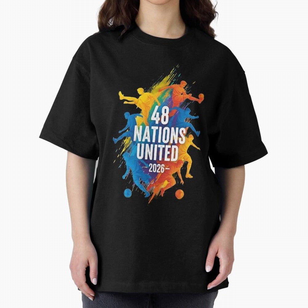 The Unity of World Football Oversized T-Shirt Embrace Global Football Passion for FIFA World Cup 2026, Capturing Mbappe and Neymar, Brazil, Portugal and Argentina, Retro Football Energy, Iconic Rivalries, Trophy Chase Drama and Stadium Atmosphere;