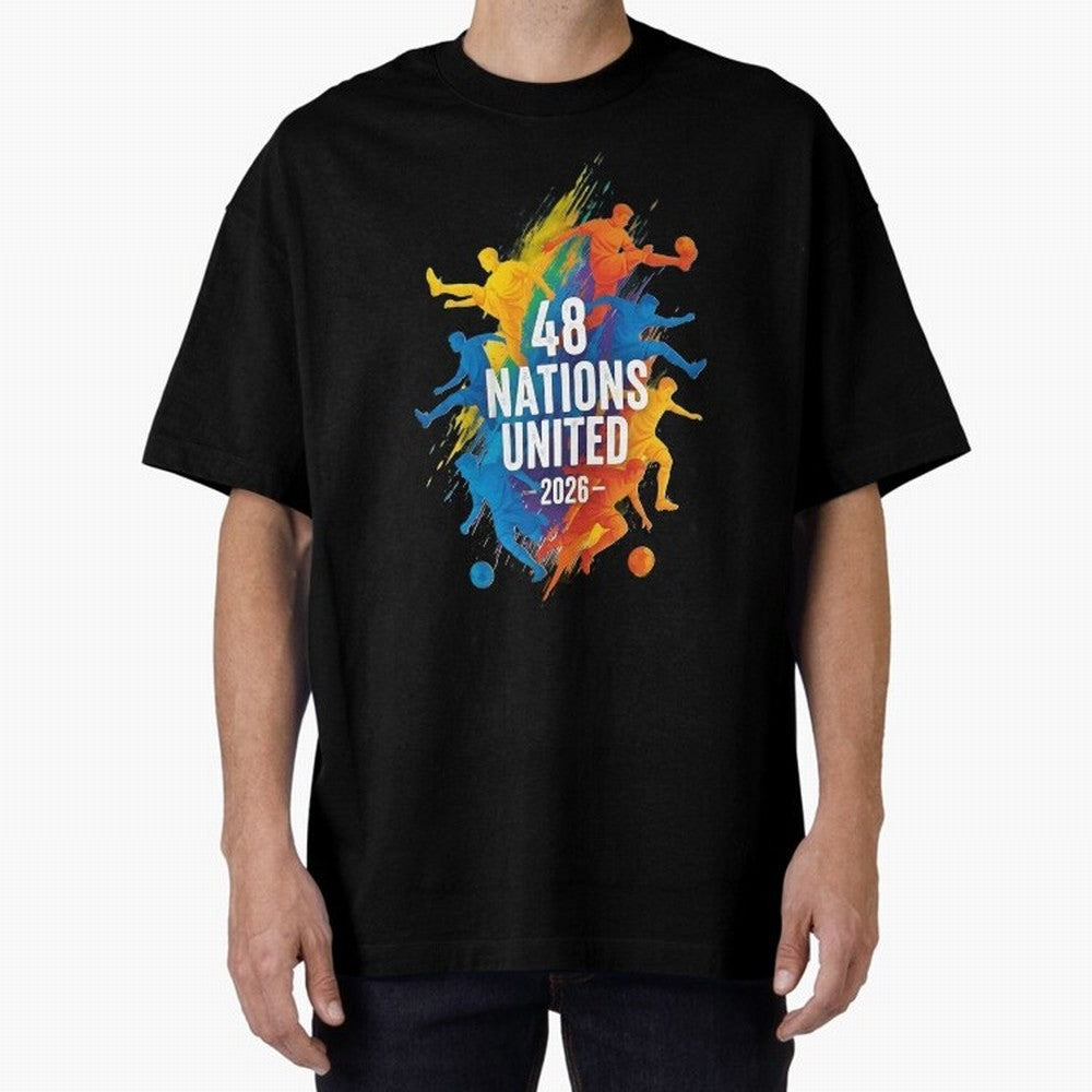 The Unity of World Football Oversized T-Shirt Embrace Global Football Passion for FIFA World Cup 2026, Capturing Mbappe and Neymar, Brazil, Portugal and Argentina, Retro Football Energy, Iconic Rivalries, Trophy Chase Drama and Stadium Atmosphere;