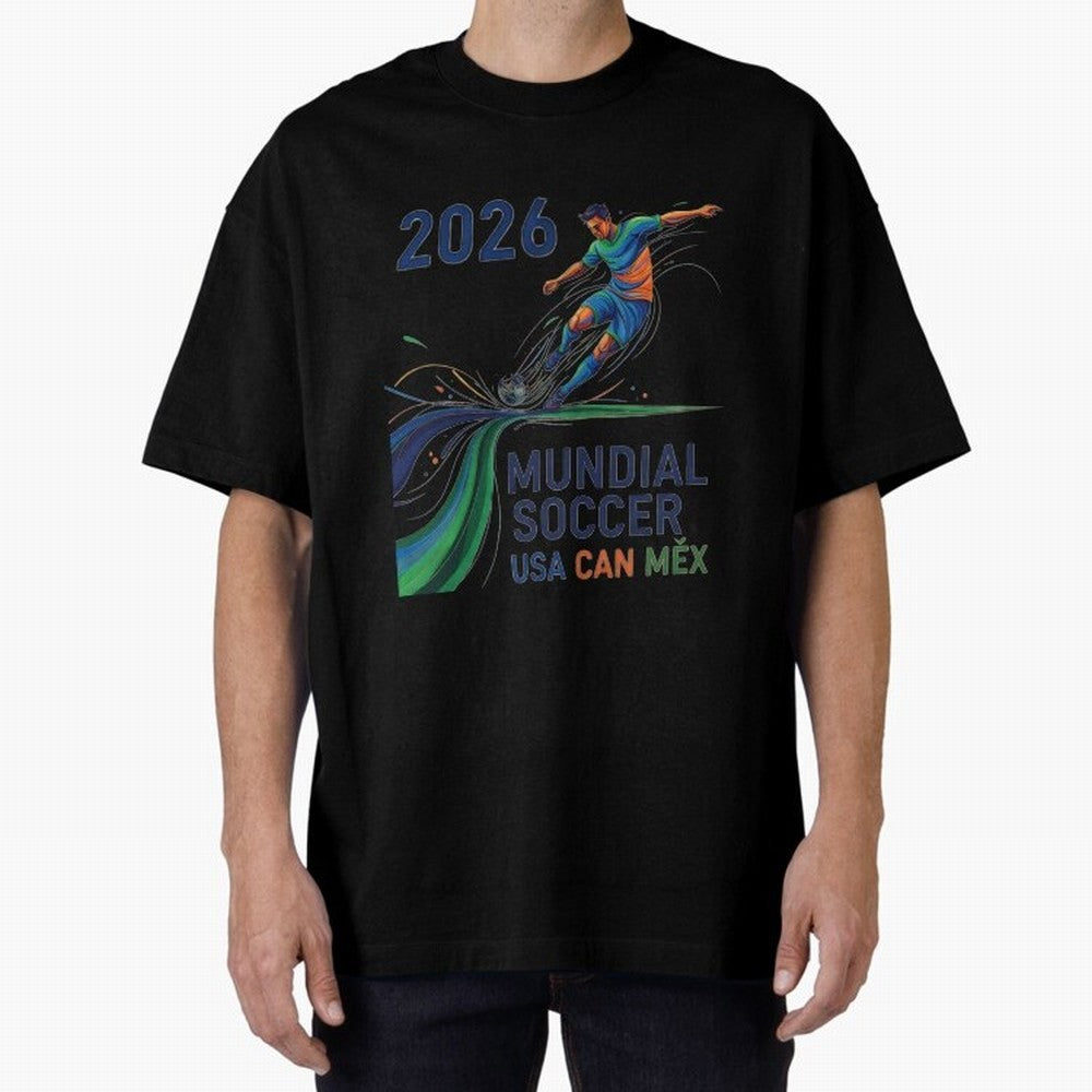 Triangular Goal Art 2026 Oversized T-Shirt Stand Out with Spirit from Global Football Passion for FIFA World Cup 2026 USA Canada Mexico, Capturing Messi and Cristiano Ronaldo, England, Vintage Soccer Flavor, Modern Football Stars, National Flags