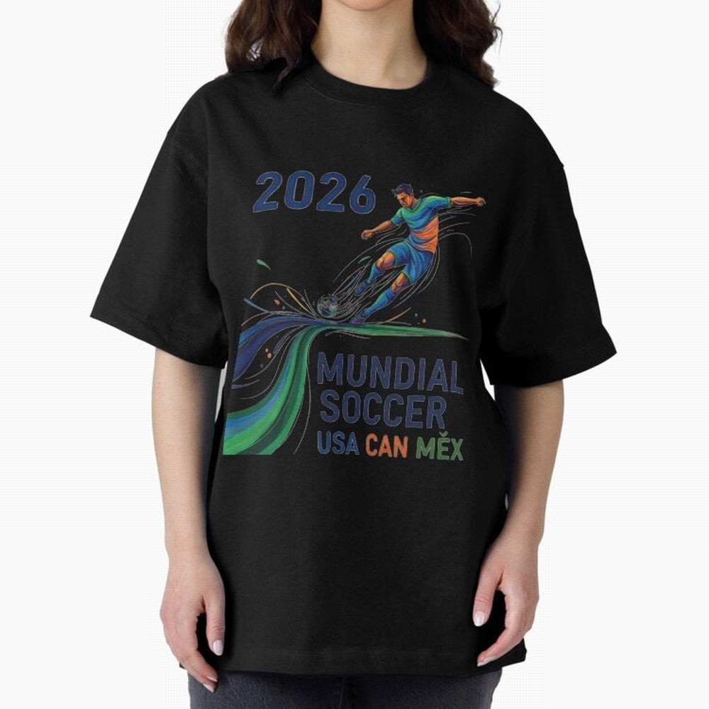 Triangular Goal Art 2026 Oversized T-Shirt Stand Out with Spirit from Global Football Passion for FIFA World Cup 2026 USA Canada Mexico, Capturing Messi and Cristiano Ronaldo, England, Vintage Soccer Flavor, Modern Football Stars, National Flags