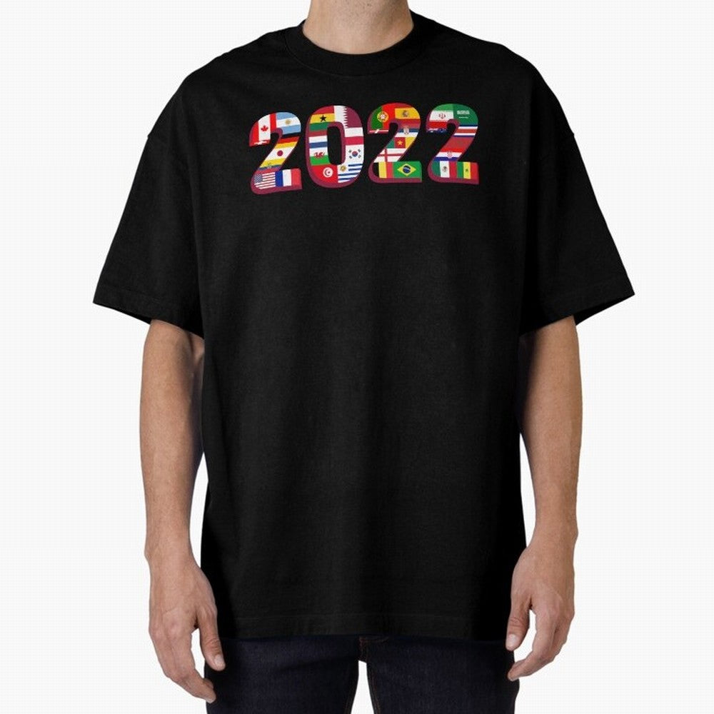 Flags of the 32 Teams that Played in Qatar in 2022 for Football Fans Oversized T-Shirt Show Championship Spirit for FIFA World Cup 2026 for Fans of Messi, CR7 and Mbappe and Brazil, Bringing Sports Nostalgia, International Competition, Famous