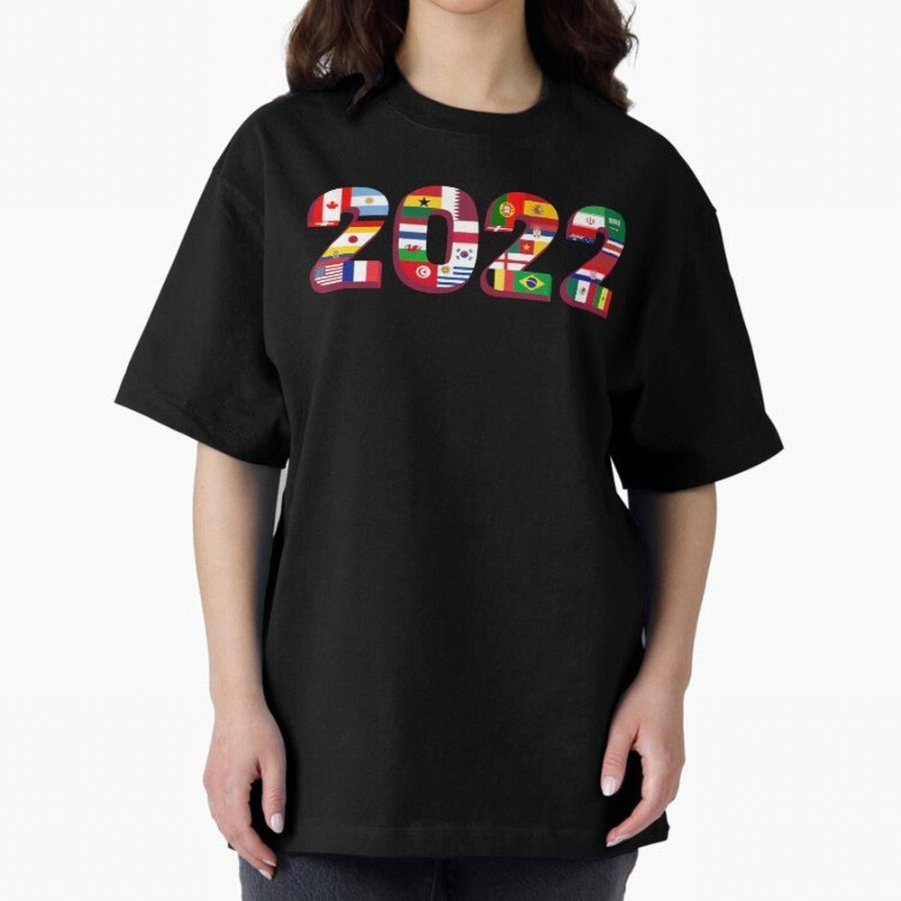 Flags of the 32 Teams that Played in Qatar in 2022 for Football Fans Oversized T-Shirt Show Championship Spirit for FIFA World Cup 2026 for Fans of Messi, CR7 and Mbappe and Brazil, Bringing Sports Nostalgia, International Competition, Famous