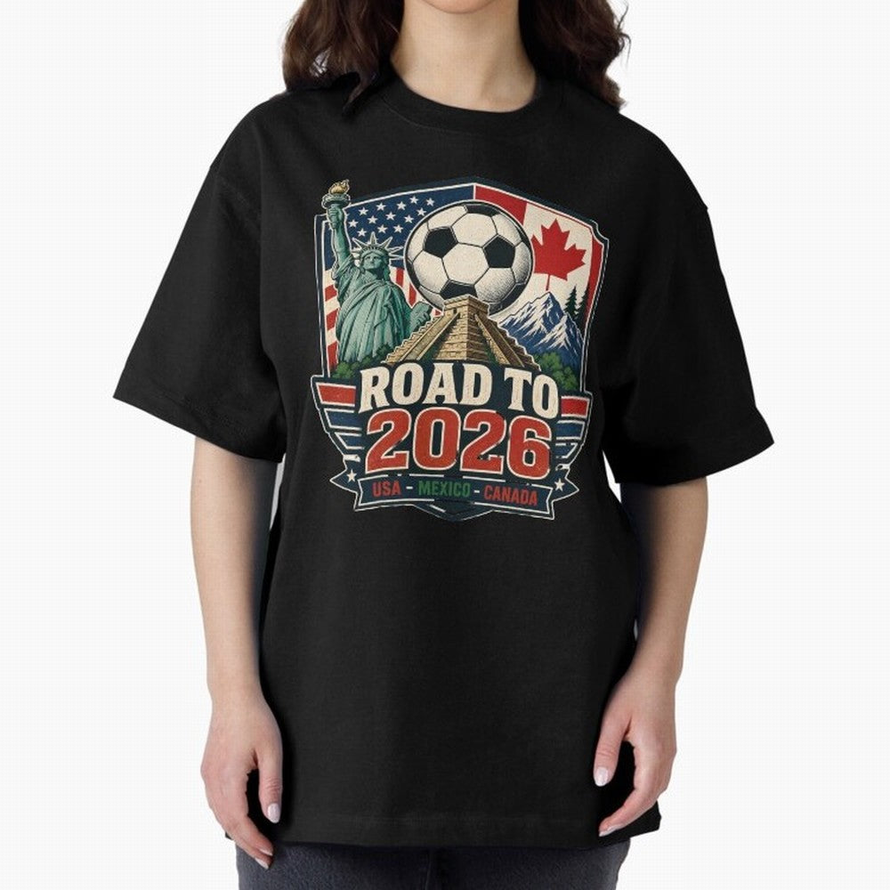 Road to 2026 USA Mexico Canada Soccer Design Oversized T-Shirt Support Your Favorite Stars during FIFA World Cup 2026 Spirit, Highlighting Argentina and Brazil, Cristiano Ronaldo, Supporter Pride, Iconic Celebrations, Legendary Names and Global